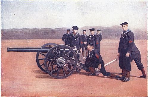 SIGHTING A NAVAL FIELD GUN. Photo by Gregory & Co., London.