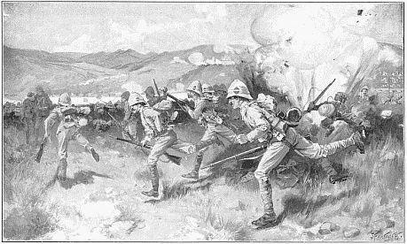 THE BATTLE OF COLENSO—QUEEN'S (ROYAL WEST SURREY) REGIMENT LEADING THE CENTRAL ATTACK. Drawing by J. Finnemore, R.I.