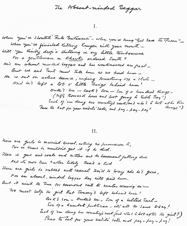 Facsimile of MS. of Mr. Rudyard Kipling's War Poem "The Absent-minded Beggar"