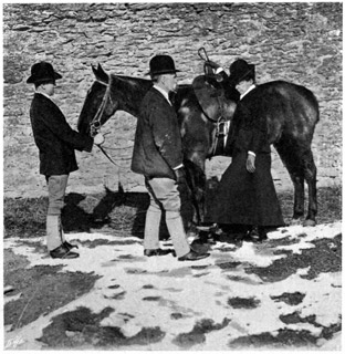 Three people standing next to a horse. A groom, holding the horse's head, a man next to the shoulder, and a woman facing forward with her hand on the saddle