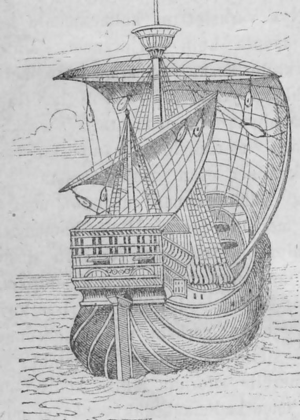 Kristofer Kolumbuksen laiva. (Vanhan piirustuksen mukaan.)