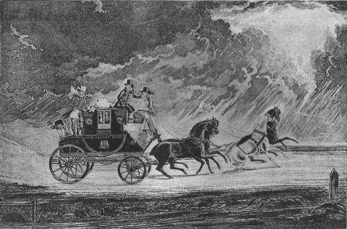 Frontispiece. MAIL-COACH IN THUNDERSTORM. From a print, 1827.