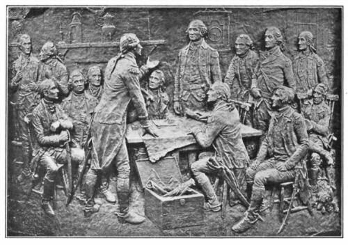 From a photograph by Norman L. Coe & Son.    The Council at Hopewell. This bas-relief, by the sculptor J.E. Kelly,    appears on the Monmouth Battle Monument.It shows a    conference of Washington and his generals.    Lafayette is shown standing opposite to Washington.