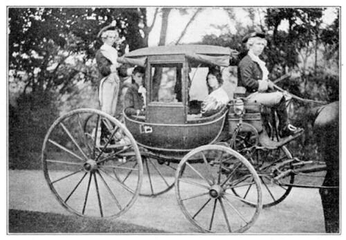 A Carriage in which Lafayette Rode. This interesting relic is now in Cooperstown, New York.     The picture shows it being used in a present-day pageant, filled with boys and girls in     colonial costumes. (See page 187.)