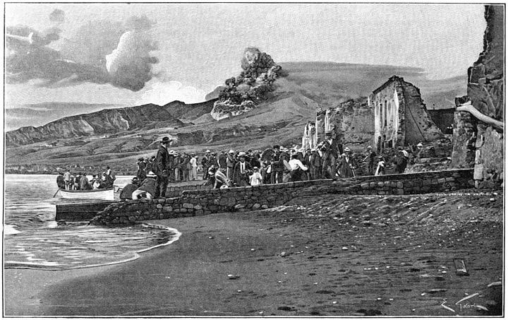 Uitbarsting van den Mont Pelé op 25 Januari 1903. Amerikaansche toeristen op hun wenken bediend.