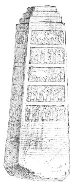 Fig. 111.—The obelisk of Shalmaneser II. in the British Museum. Height 78 inches. Drawn by Bourgoin.