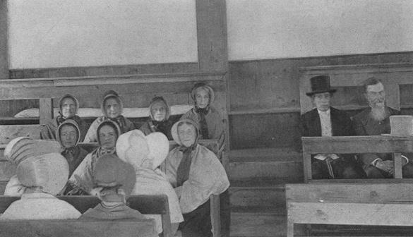 INTERIOR OF OBLONG MEETING HOUSE  On the "facing seats" are: Olive Hoag, Roby Osborn, Betsy Post, Richard Osborn, John L. Worden