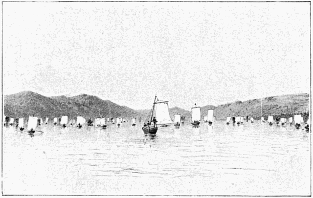 LA FLOTTE SUR LE LAC TAGISH. DESSIN DE TAYLOR, D'APRÈS LE CROQUIS DE L'AUTEUR.