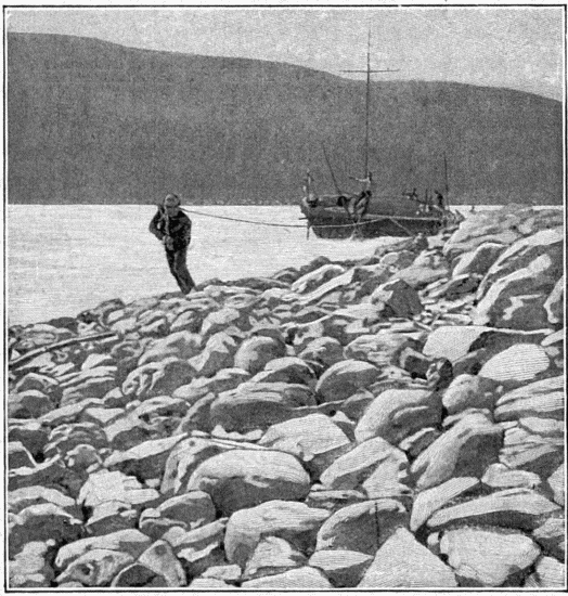 HALAGE AU BORD DU YUKON.  DESSIN DE MIGNON, PHOTOGRAPHIE DE M. GOLDSCHMIDT.