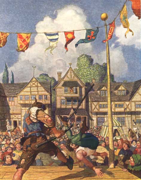 ROBIN HOOD DEFEATS NAT OF NOTTINGHAM AT QUARTER-STAFF  The beggar dealt his foe a back-thrust so neatly, so heartily, and so swiftly that Nat was swept off the stage into the crowd as a fly off a table.