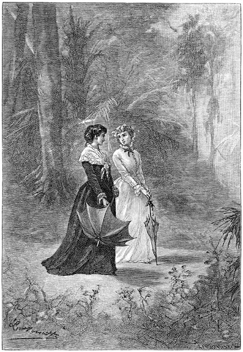 Middelerwijl wandelden mevrouw Burbank en miss Alice in het park van Castle-House op en neer. (Bladz. 132.)