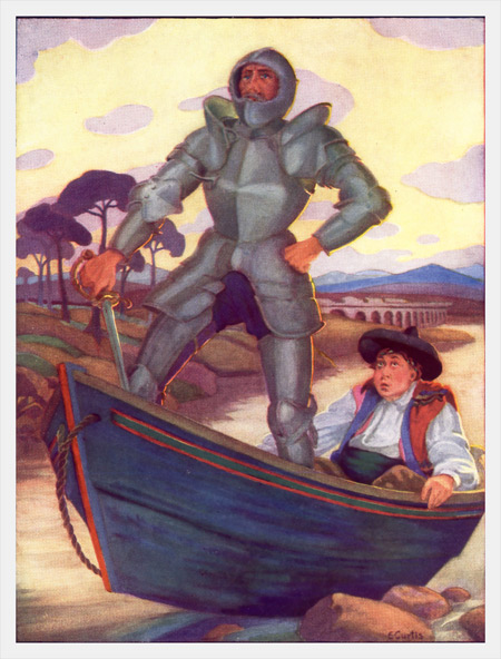 "DON QUIXOTE INSISTED THAT THE BOAT HAD BEEN SENT BY MAGIC TO FETCH HIM TO SOME GREAT KNIGHT."—Page 222