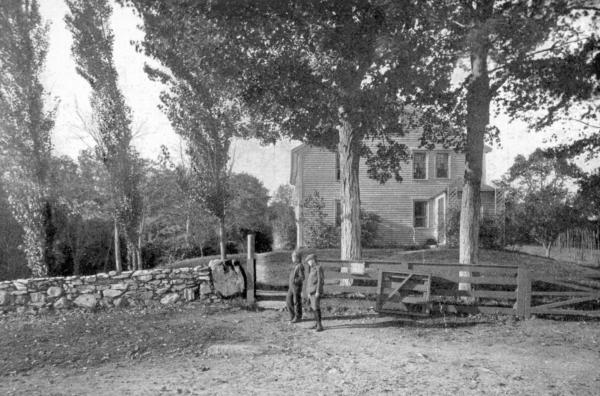 THE BIRTHPLACE, FROM THE ROAD Showing eastern porch, gate, bridle-post, and large boulder used as horse-block