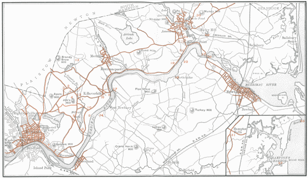 MAP OF WHITTIER-LAND  KEY:—   1. The Whittier Birthplace. 2. Joshua Coffin's School, in house now occupied by Thomas Guild. Scene of poem "To My Old Schoolmaster." 3. Site of District School. Scene of "In School Days." 4. Job's Hill. 5. East Haverhill Church. 6. Cemetery referred to in "The Old Burying Ground." 7. The Sycamores. 8. Ramoth Hill. 9. Hunting Hill. 10. Grave of the Countess. 11. Country Bridge. 12. Site of Thomas Whittier's Log House. 13. Birchy Meadow, where Whittier taught school. 14. Home of Sarah Greenleaf. 15. Home of Dr. Elias Weld and of the Countess, Rocks Village. 16. "Old Garrison," the Peaslee House. 17. Rocks Bridge. 18. Curson's Mill, Artichoke River. 19. Pleasant Valley. 20. The Laurels. 21. Site of "Goody" Martin's House. 22. Whittier Burial Lot, Union Cemetery. 23. Macy House. 24. The Captain's Well. 25. Friends' Meeting-House, Amesbury. 26. Whittier Home, Amesbury. 27. Hawkswood. 28. Deer Island, Chain Bridge, home of Mrs. Spofford. 29. Rocky Hill Church. 30. The Fountain, Mundy Hill. 31. House at Hampton Falls, where Whittier died. 32. Scene of "The Wreck of Rivermouth." 33. Boar's Head.   