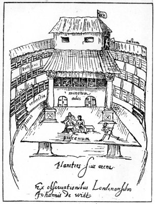 an interior view of a theatre in the time of shakespeare. the swan theatre, 1596.