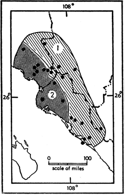 Map 1. Geographic distribution of Perognathus goldmani. The black dots are known localities of occurrence.  1. P. g. artus  2. P. g. goldmani