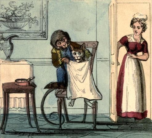 The Monkey tucks a napkin under the Cat's chin