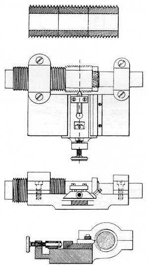 Figure 19.—Vander Woerd’s patent, seen here, covered the combination of a master screw, toolslide and work in a rigid frame to be supported and driven by outside means of no required precision. U.S. patent 293930 dated February 1884.