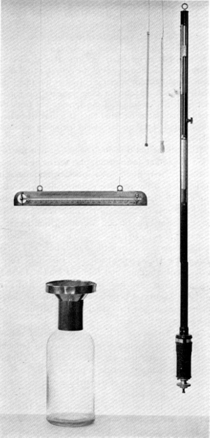 Figure 1.—A set of typical Smithsonian meteorological instruments as recommended in instructions to observers issued by the Institution in the 1850's. Top (from left): maximum-minimum thermometer of Professor Phillips, dry-bulb and wet-bulb thermometers, and mercurial barometer by Green of New York. Lower left: rain gauge. The wet-bulb thermometer, although typical, is actually a later instrument. The rain gauge is a replica. (Smithsonian photo 46740.)