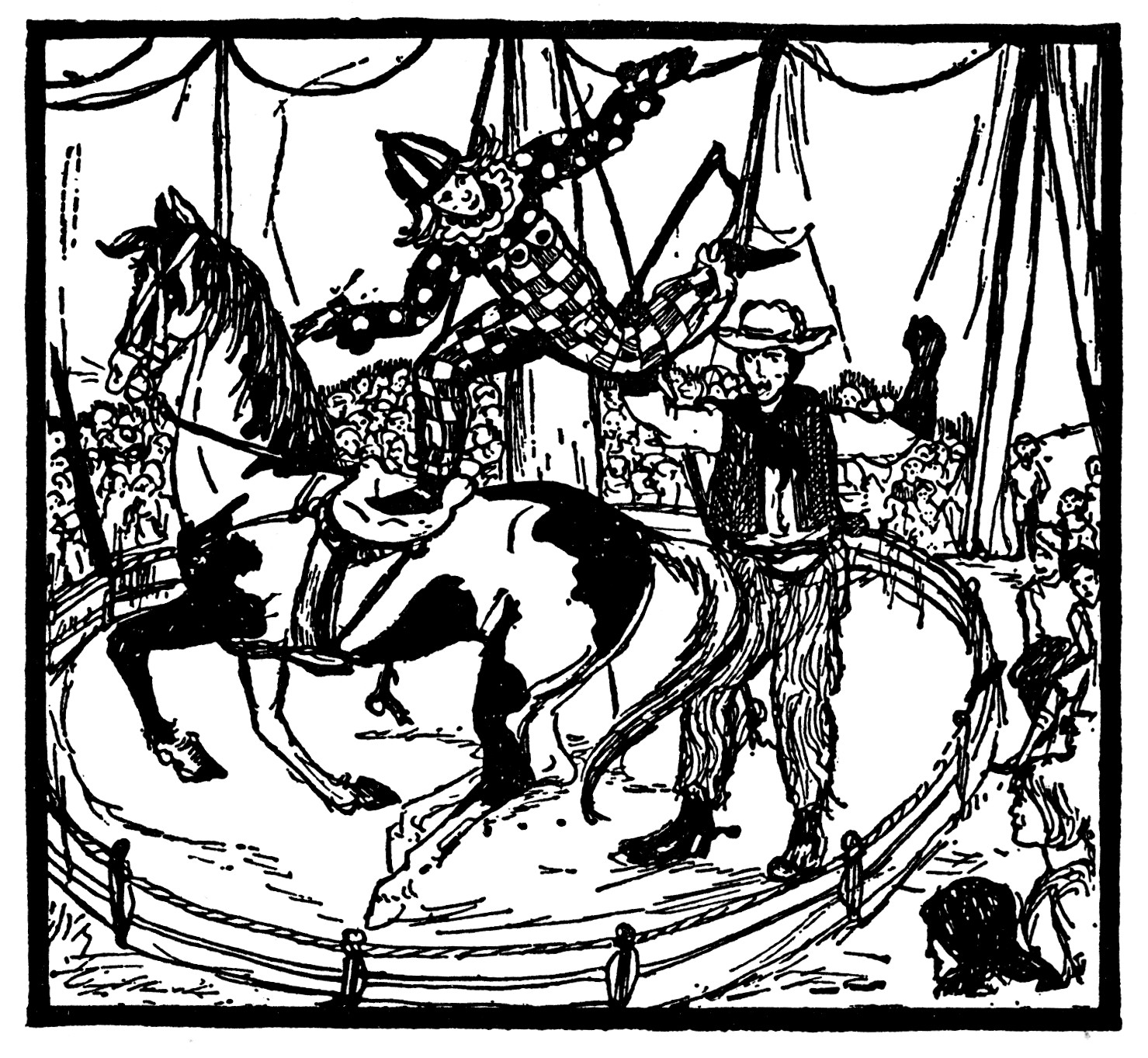 And round the ring came Dodo, the brown mare, Pied like a tiger-moth; her bright shoes tare The scattered petals, while the clown came after Like life, a beauty chased by tragic laughter.  