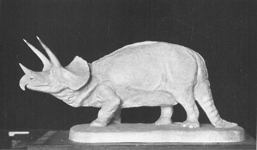 By permission of the American Museum of Natural History  Model of a three-horned Dinosaur, Triceratops, from Cretaceous of Montana. Animal in life about 25 feet long