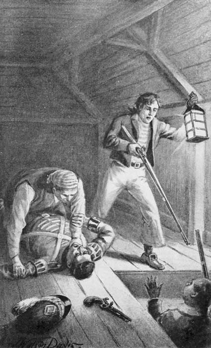 With the lantern in my left hand, I thrust forward the barrel of my musket full in the face of the miller. Page 72.