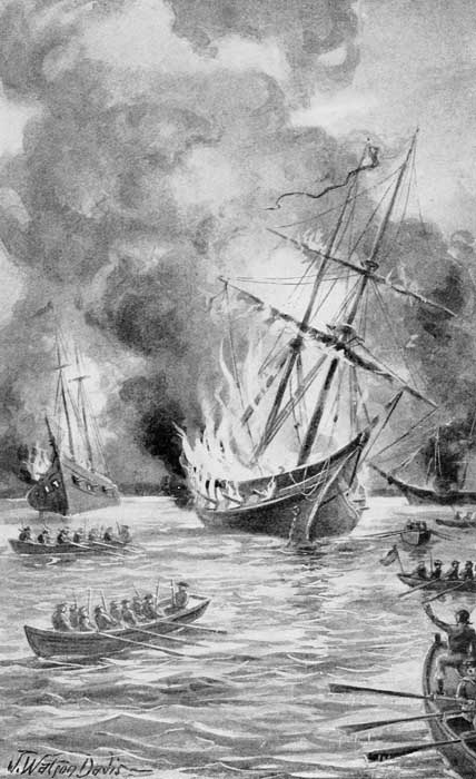 As we pulled away I glanced back at our fleet and saw that the vessels were well on fire. P. 233.