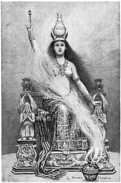 ON THE THRONE SAT THE SUPREME GODDESS, LYONE, THE REPRESENTATIVE OF HARIKAR, THE HOLY SOUL.