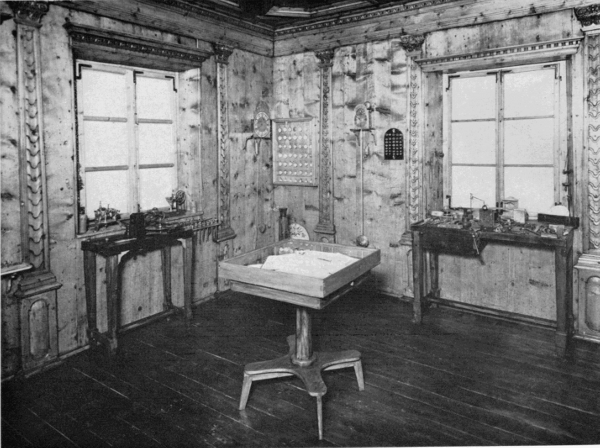 Figure 25.—Interior of Bertolla's workshop, showing details of paneling and floor case with Bertolla manuscripts. (Courtesy of Museo Nazionale della Scienza e della Tecnica, Milan.)