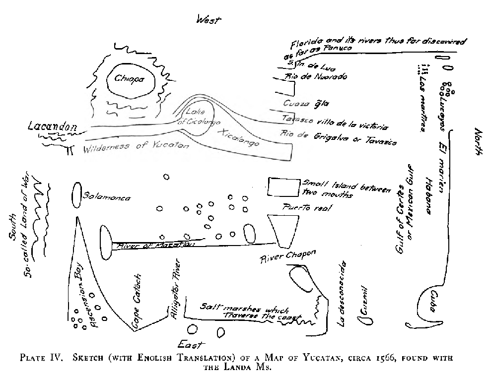 Sketch (with English Translation) of a Map of Yucatan, circa 1566, found with the Landa Ms.