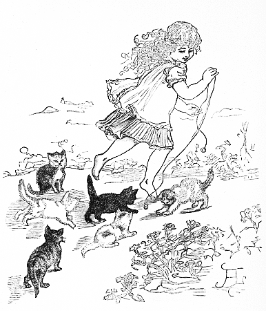 "Rosy Chapman running among the Verbena beds, and half a dozen kittens racing after her."—Page 37.