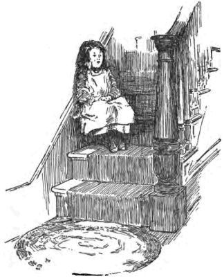 A very lonely little girl, sitting at a certain place on the third step from the bottom of the stairs