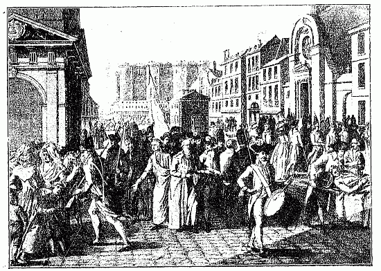 LES PRISONNIERS DE LA BASTILLE DÉLIVRÉS LE 14 JUILLET 1789 Dessiné par J. Bulthuis, gravé par Vinkeles et Vrydag (Musée Carnavalet)