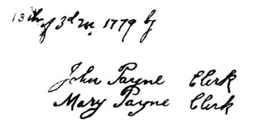 13th of 3d m 1779 by  John Payne Clerk Mary Payne Clerk[10