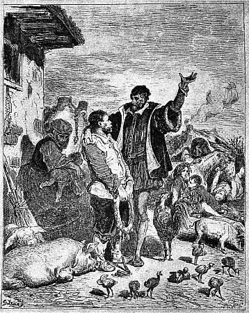 Don Quixote Discoursing to Sancho Panza in the Yard of the Inn which the Knight Imagined was a Lordly Castle From Gustave Doré's Illustrations in the Clark Edition