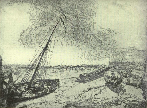 Barques échouées—1888. Gravure à l'eau-forte.