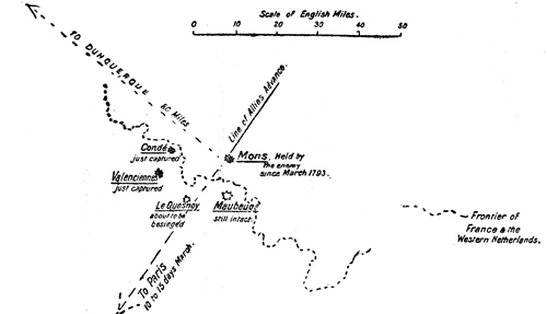 Showing condition of the frontier fortresses blocking the road to Paris when the expedition to Dunquerque was decided upon. August 1793.