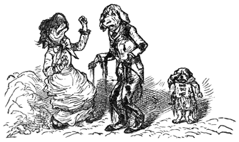 A dog in a suit, with mud on his clothes, standing next to his wife and child.
