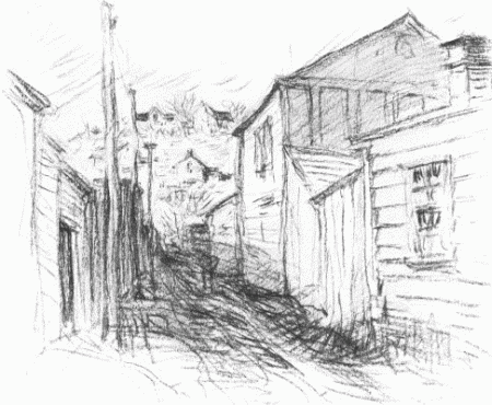 At one side is an alley running back to the house of Huckleberry Finn, and in that alley stood the historic fence which young Sam Clemens cajoled the other boys into whitewashing for him