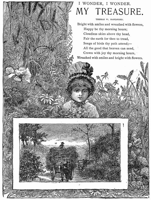 I WONDER, I WONDER. M Y   T R E A S U R E. THOMAS W. HANDFORD. Bright with smiles and wreathed with flowers. Happy be thy morning hours; Cloudless skies above thy head, Fair the earth for thee to tread, Songs of birds thy path attend;— All the good that heaven can send, Crown with joy thy morning hours, Wreathed with smiles and bright with flowers.