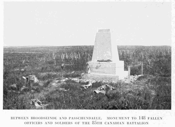 BETWEEN BROODSEINDE AND PASSCHENDAELE. MONUMENT TO 148 FALLEN OFFICERS AND SOLDIERS OF THE 85TH CANADIAN BATTALION