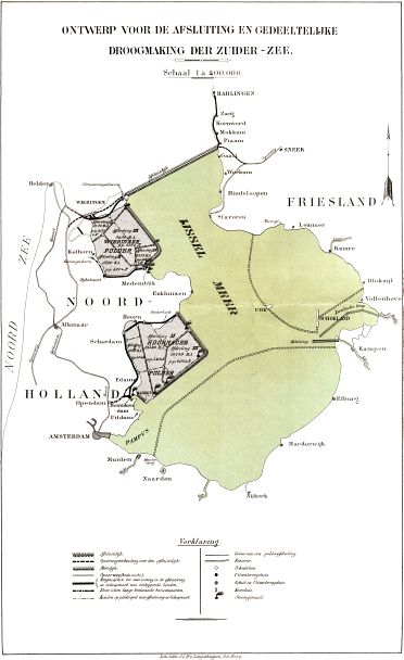 ONTWERP VOOR DE AFSLUITING EN GEDEELTELIJKE DROOGMAKING     DER ZUIDER-ZEE.—Schaal 1 à 400.000.—Lith. Gebrs. J & H v. Langenhuysen, Den Haag.