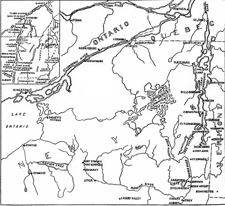 The Region of Burgoyne's Invasion (The large map is based on E.G. Foster's Historical Chart; the inset is from Trevelyan, The American Revolution, Part II, Vol. I).