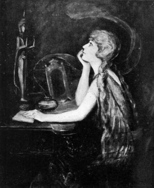 MARIE SALTUS  Sitting at the Table on which her Husband wrote his Books, burning Incense before a Siamese Buddha and meditating on a Stanza from the Bhagavad Gitâ.  From a Painting by Hope Bryson, 1925.