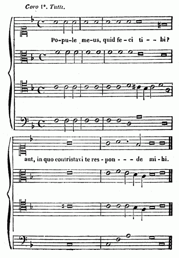 notation musicale Po-pu-le me-us, quid fe-ci ti - - bi? aut, in quo contristavi te res - pon - - - de mi - hi.