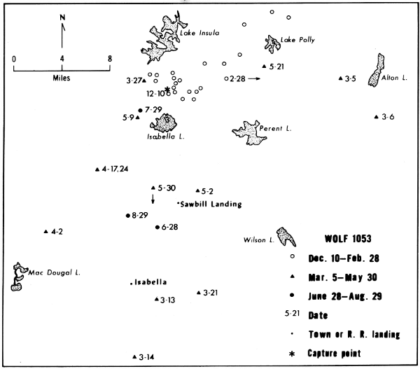 Figure 21.—Locations and range of wolf 1053. Only selected lakes are shown.