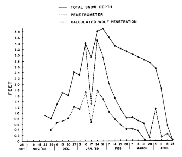 Figure 3.—Snow depth and penetrability by deer and wolves near Isabella, Minnesota, 1968-69.