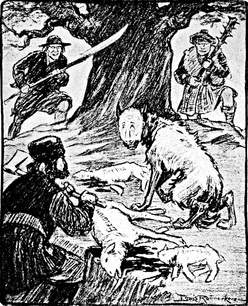 The Kaiser as a wolf with Serbia, Belgium and Luxenburg as        slaughtered sheep