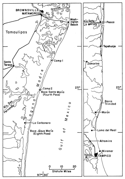 Map of coastal Tamaulipas, showing the barrier island and localities mentioned in text. Stippled areas are extensively marshy.