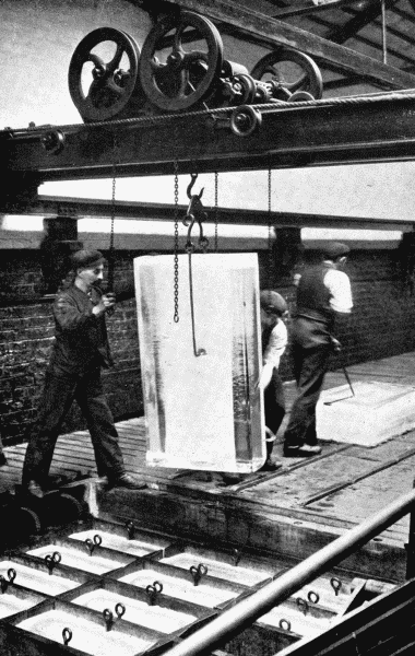 By permission of Messrs. J. and E. Hall, Ltd., London and Dartford  Machine-made Ice  Here we see a huge block of ice being lifted (it may be on a hot summer day) from the mould in which it has been made